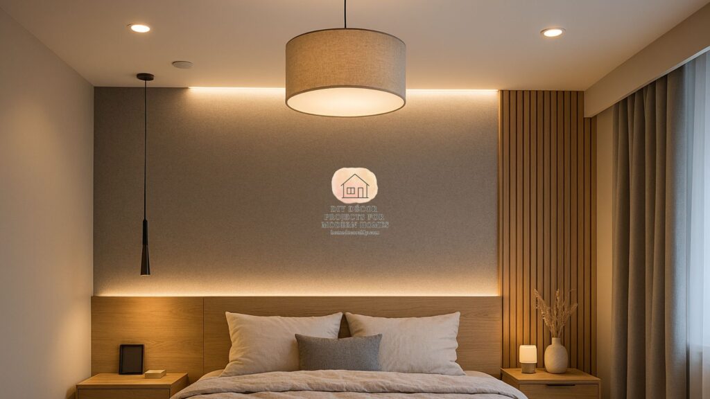 Lighting ideas for small bedroom ceiling with recessed and pendant fixtures creating cozy stylish atmosphere