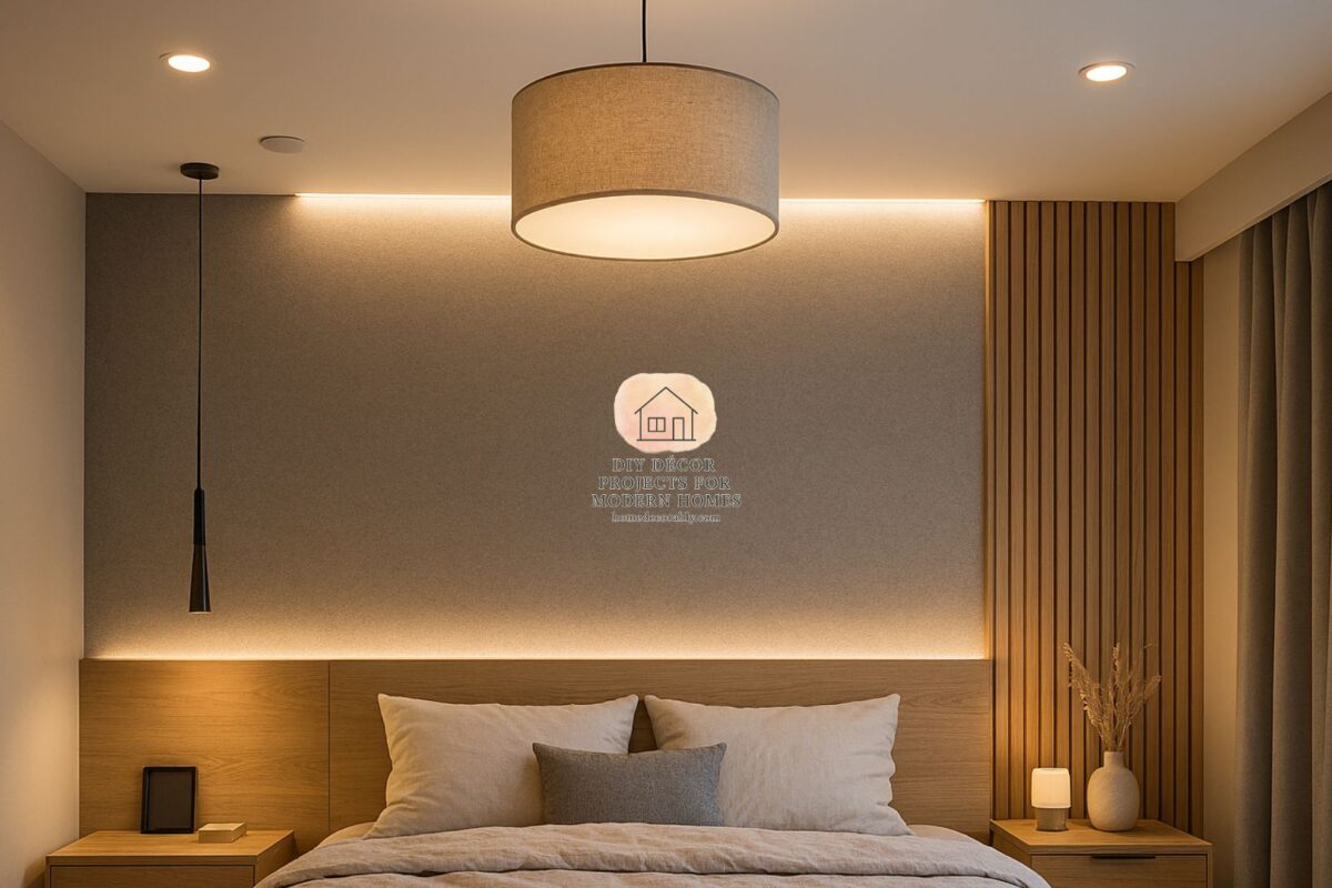 Lighting ideas for small bedroom ceiling with recessed and pendant fixtures creating cozy stylish atmosphere