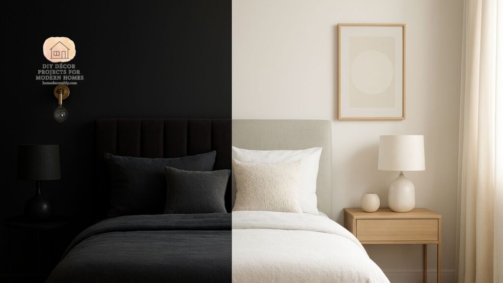 A cozy modern bedroom highlighting dark vs light bedroom colors with contrasting furniture and decor elements.