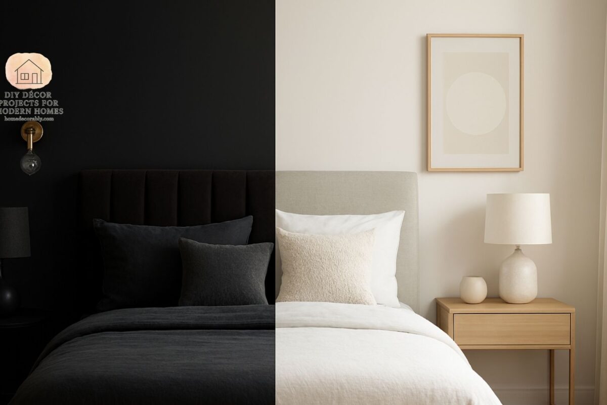 A cozy modern bedroom highlighting dark vs light bedroom colors with contrasting furniture and decor elements.