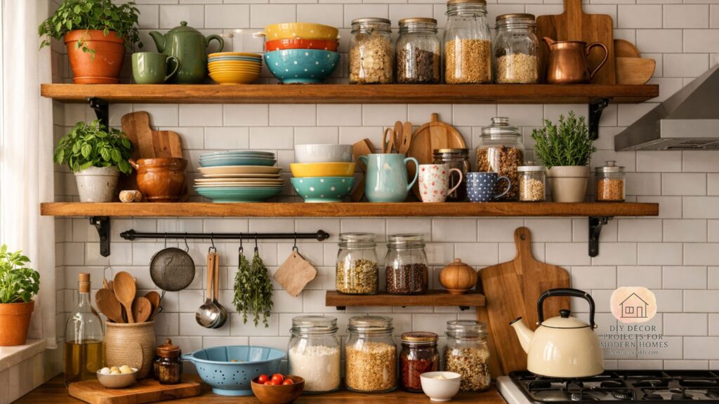 Cozy kitchen with open shelves styled using budget-friendly decor, plants, and colorful dishware for a charming look.
