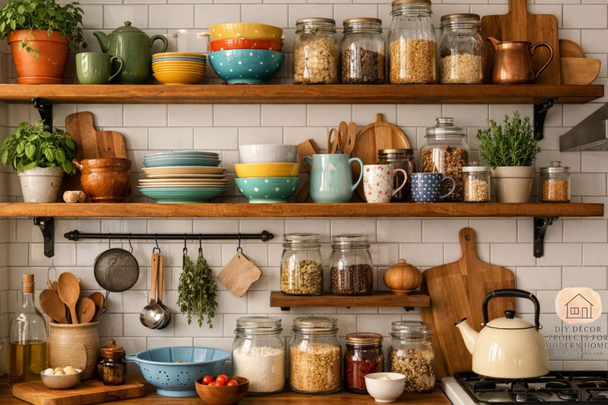 Cozy kitchen with open shelves styled using budget-friendly decor, plants, and colorful dishware for a charming look.