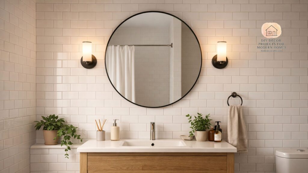 Modern bathroom with aesthetic mirror, soft lighting, and minimalist decor styled affordably.