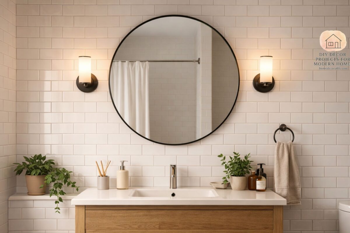 Modern bathroom with aesthetic mirror, soft lighting, and minimalist decor styled affordably.