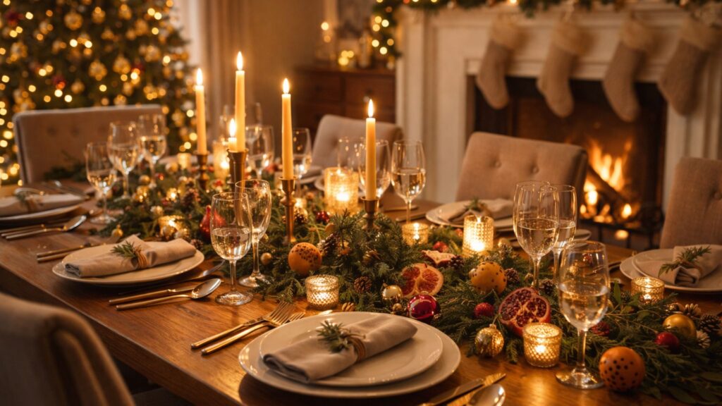 Festive dining table decorated for holidays with candles, greenery, and elegant tableware creating a warm atmosphere.