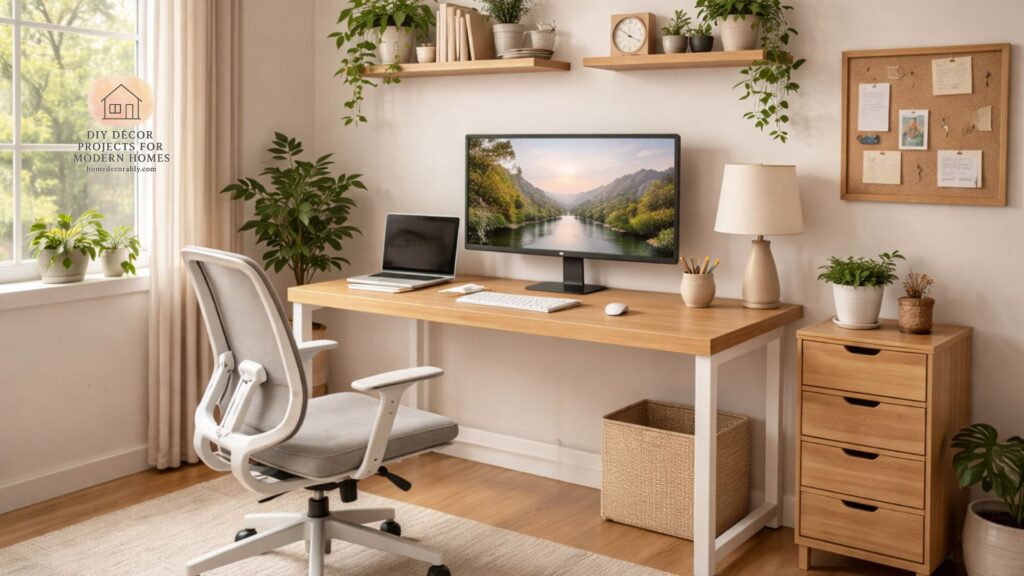 Modern home office with ergonomic desk size & dimensions, natural lighting, and stylish minimalist decor.