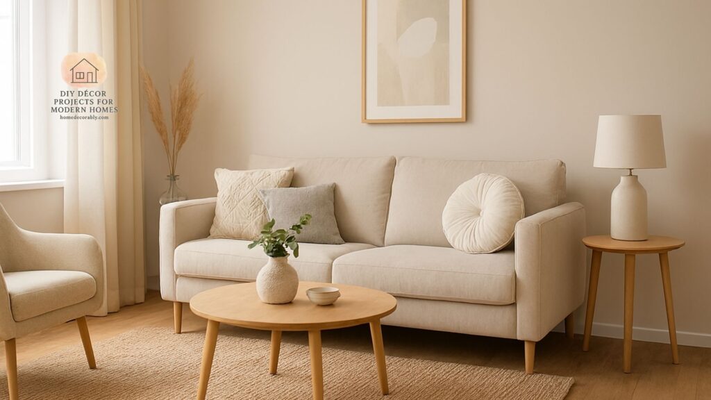 A small modern living room with neutral and pastel tones, reflecting a cozy mood and the best color for small living room design.