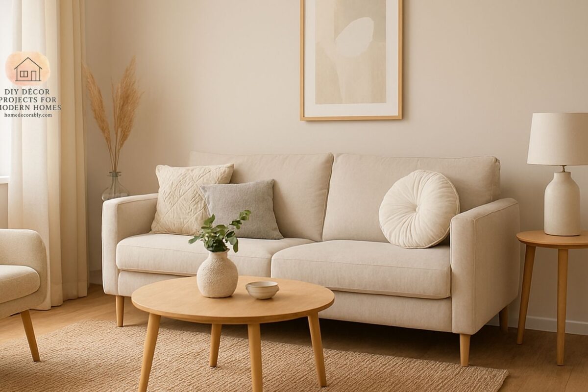 A small modern living room with neutral and pastel tones, reflecting a cozy mood and the best color for small living room design.