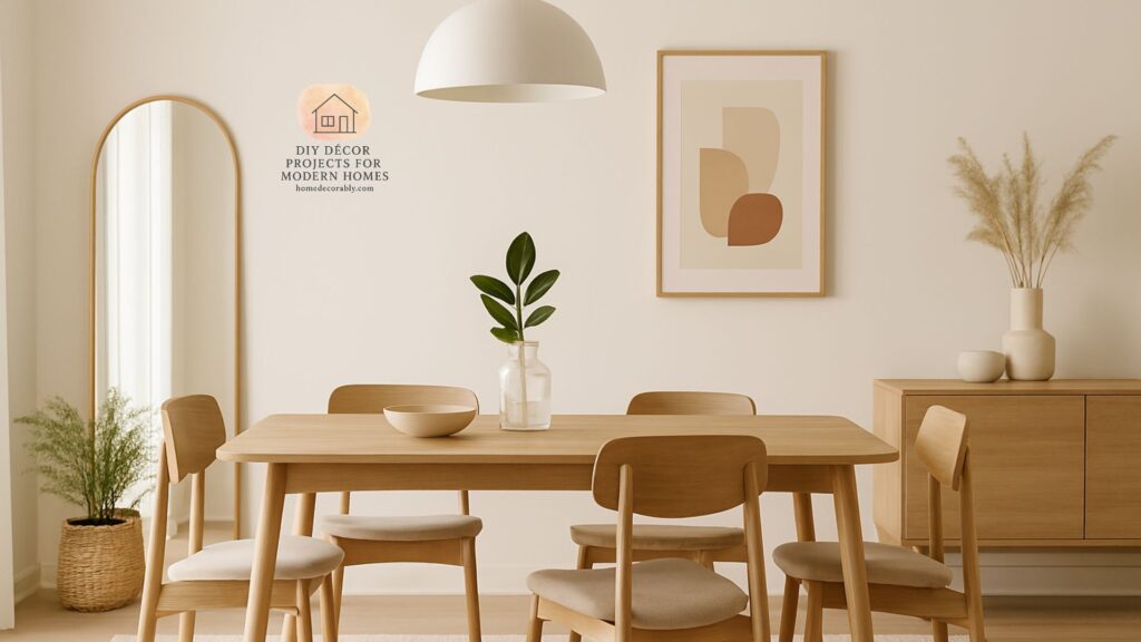 Minimalist dining room styling with neutral tones, sleek furniture, and cozy modern atmosphere.
