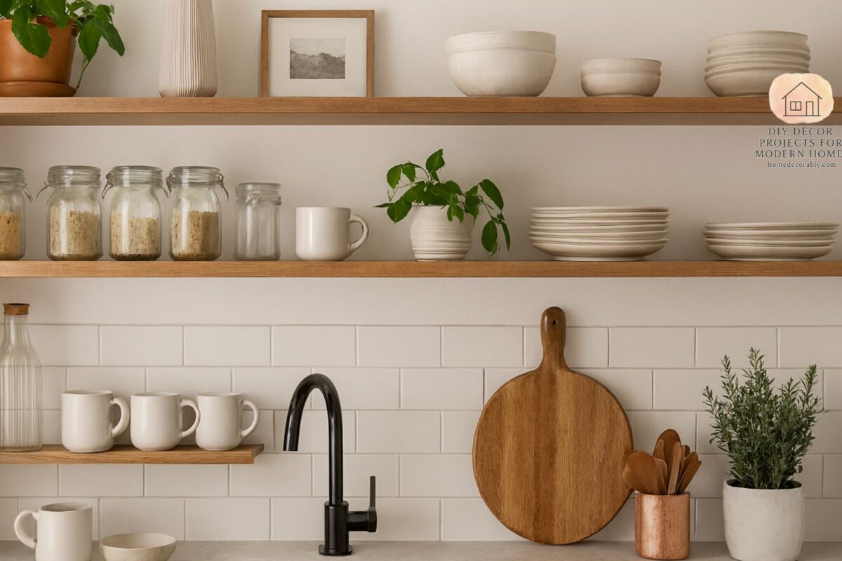 Open shelves kitchen decor for renters with plants, jars, and colorful dishes styled beautifully.