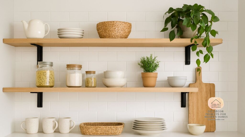 Open shelves kitchen decor without clutter featuring neatly arranged dishes, plants, and stylish storage jars.