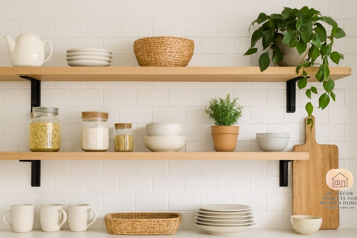 Open shelves kitchen decor without clutter featuring neatly arranged dishes, plants, and stylish storage jars.