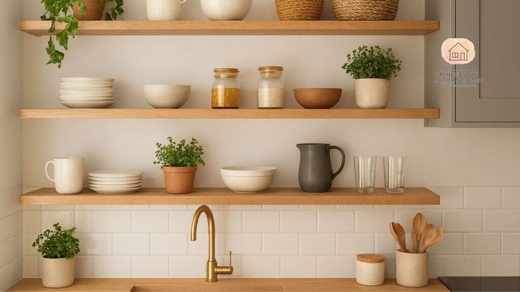 Modern open shelves kitchen styling for small apartments with plants, dishes, and minimalist décor.