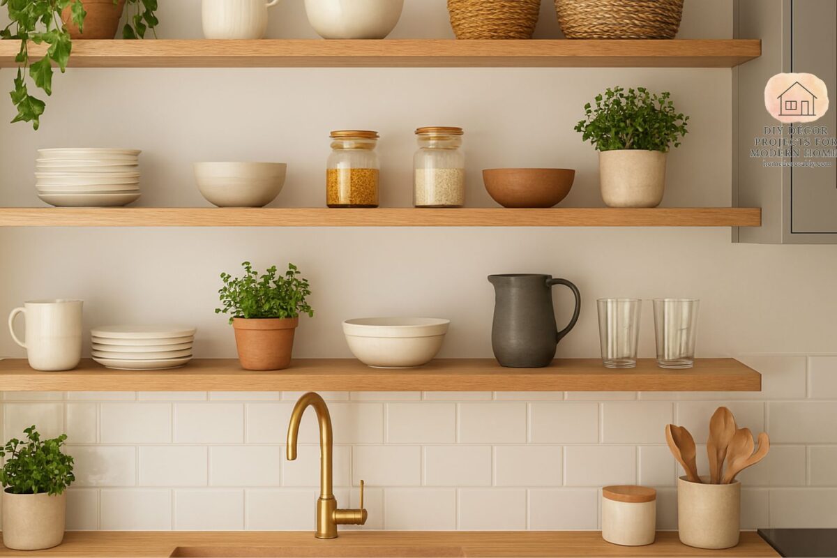 Modern open shelves kitchen styling for small apartments with plants, dishes, and minimalist décor.