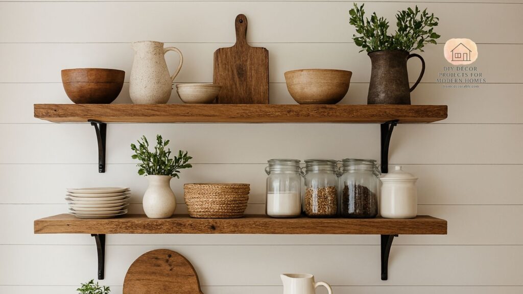 Rustic open shelves kitchen decoration ideas with reclaimed wood, vintage dishware, and cozy farmhouse accents