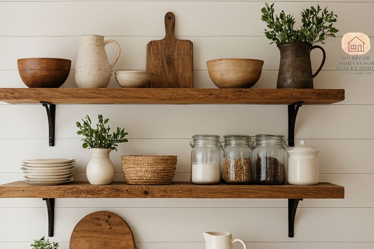 Rustic open shelves kitchen decoration ideas with reclaimed wood, vintage dishware, and cozy farmhouse accents