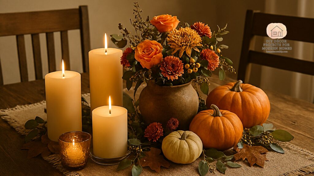 Seasonal dining centerpiece with candles, flowers, and rustic accents creating a warm festive atmosphere.