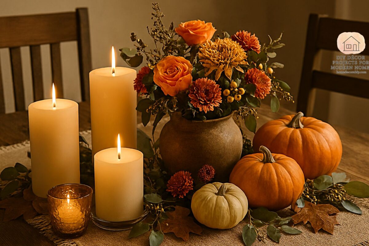 Seasonal dining centerpiece with candles, flowers, and rustic accents creating a warm festive atmosphere.