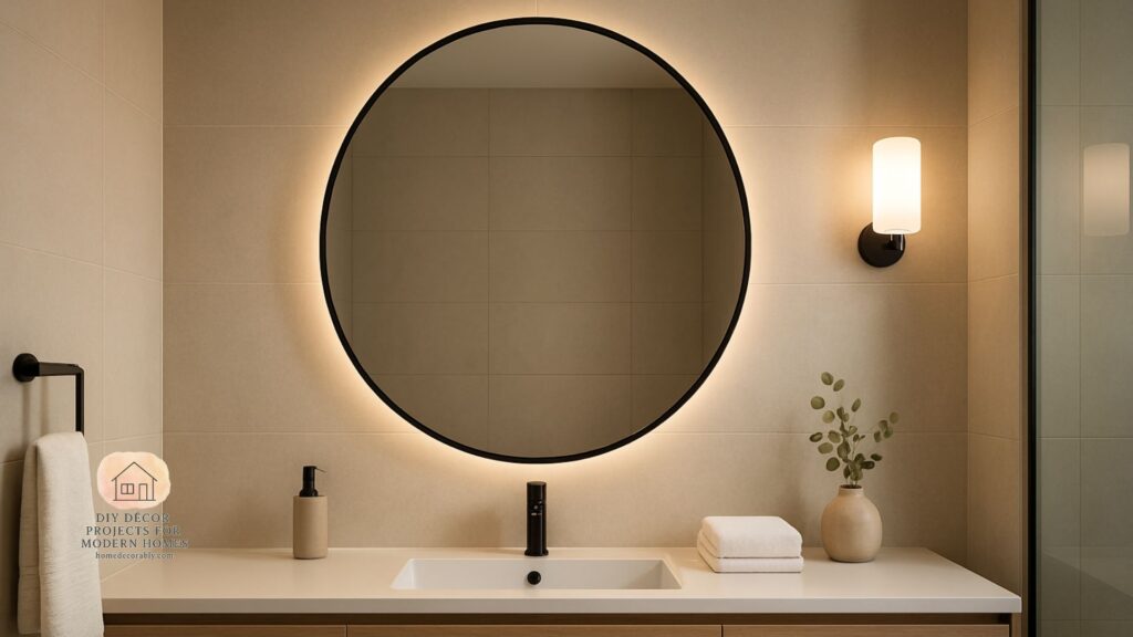 A modern bathroom featuring a simple aesthetic bathroom mirror with a minimalist frame and soft lighting.