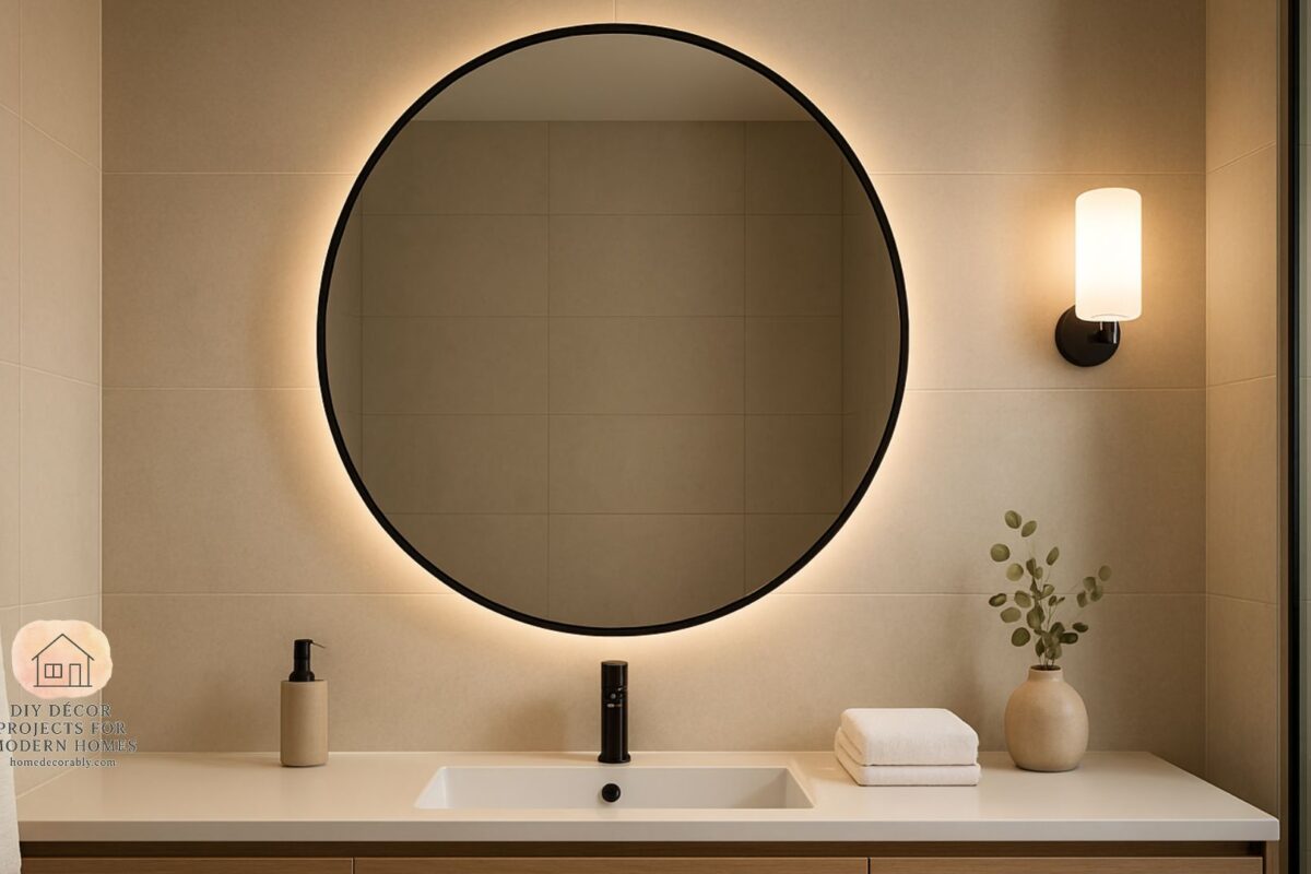 A modern bathroom featuring a simple aesthetic bathroom mirror with a minimalist frame and soft lighting.