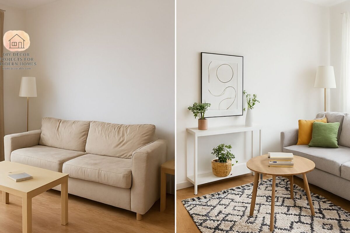 A stunning small living room before and after design transformation showing modern furniture and bright decor.