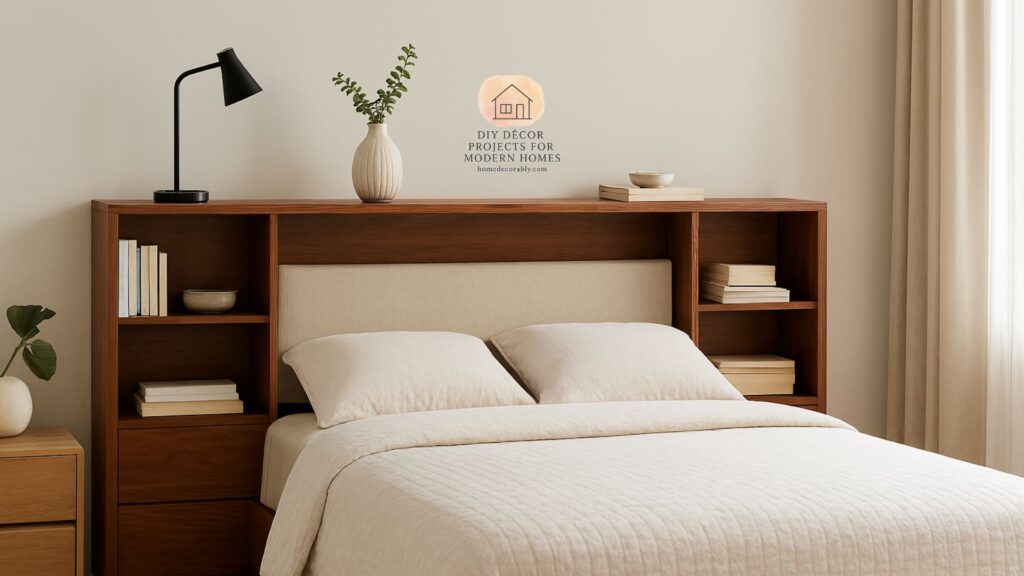 Stylish bedroom with modern space saving headboard designs featuring built-in shelves and hidden storage.