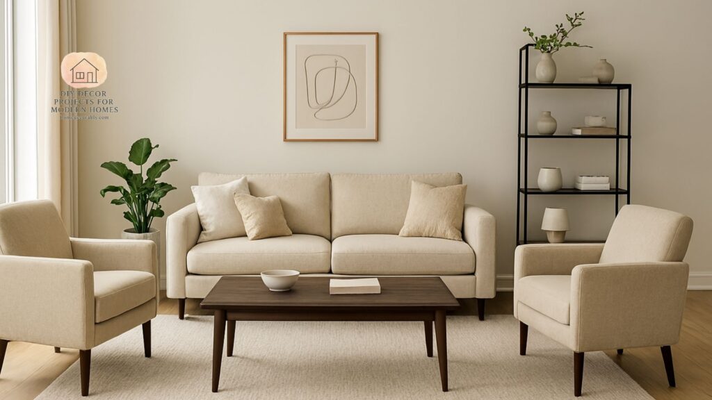 Modern living room layout ideas with measurements showing sofa, chairs, and coffee table placement for balance and comfort