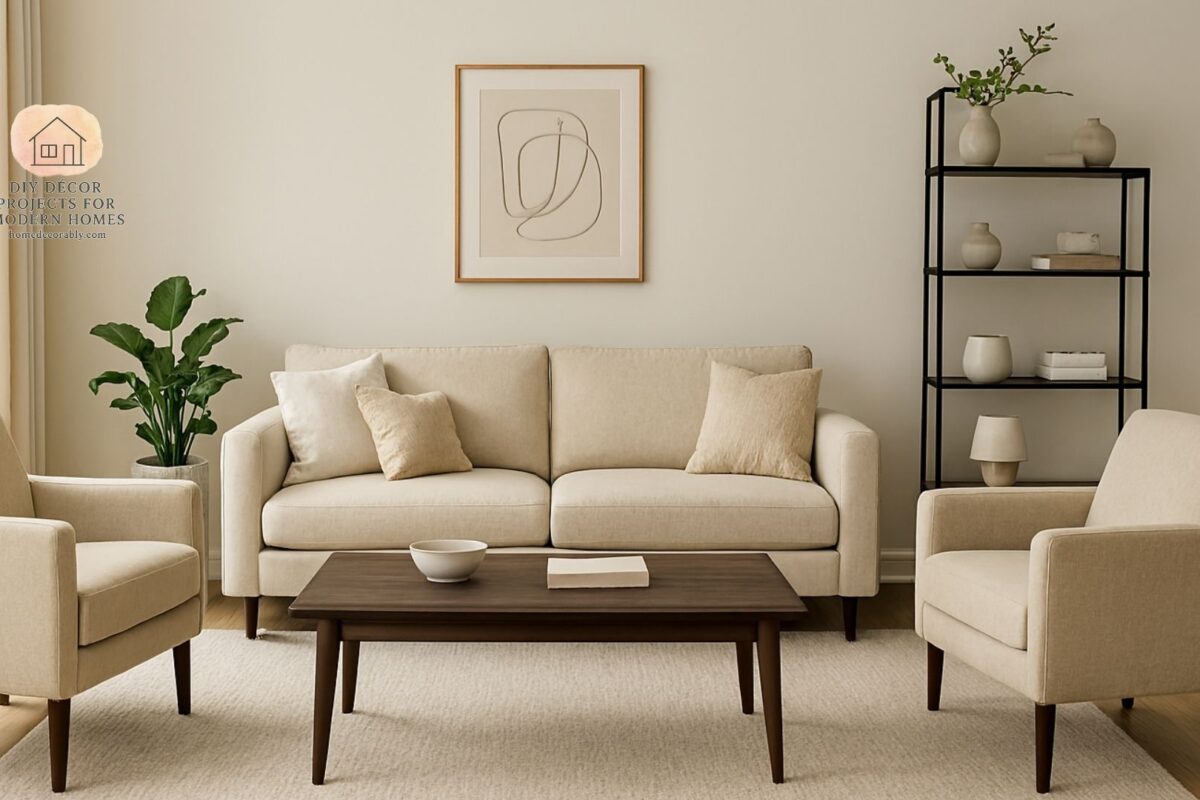 Modern living room layout ideas with measurements showing sofa, chairs, and coffee table placement for balance and comfort