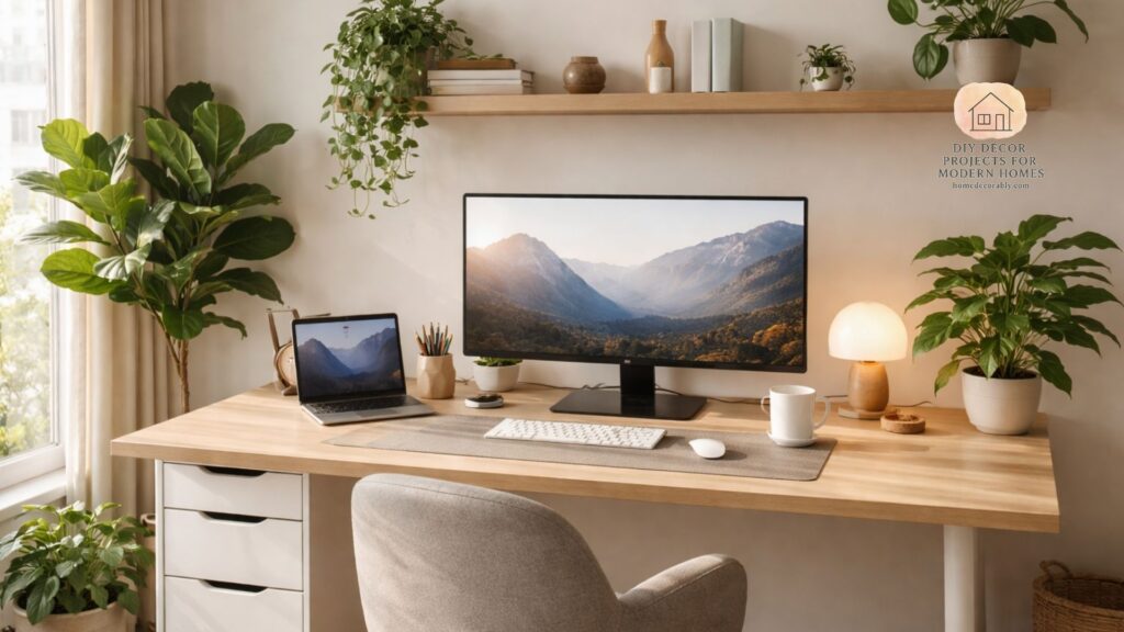 A modern home office with a desk of standard ergonomic size, styled with plants and warm lighting to inspire productivity and comfort.