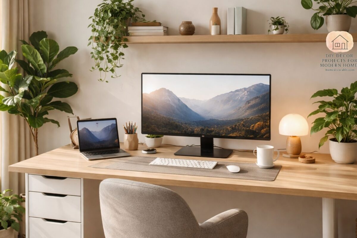 A modern home office with a desk of standard ergonomic size, styled with plants and warm lighting to inspire productivity and comfort.