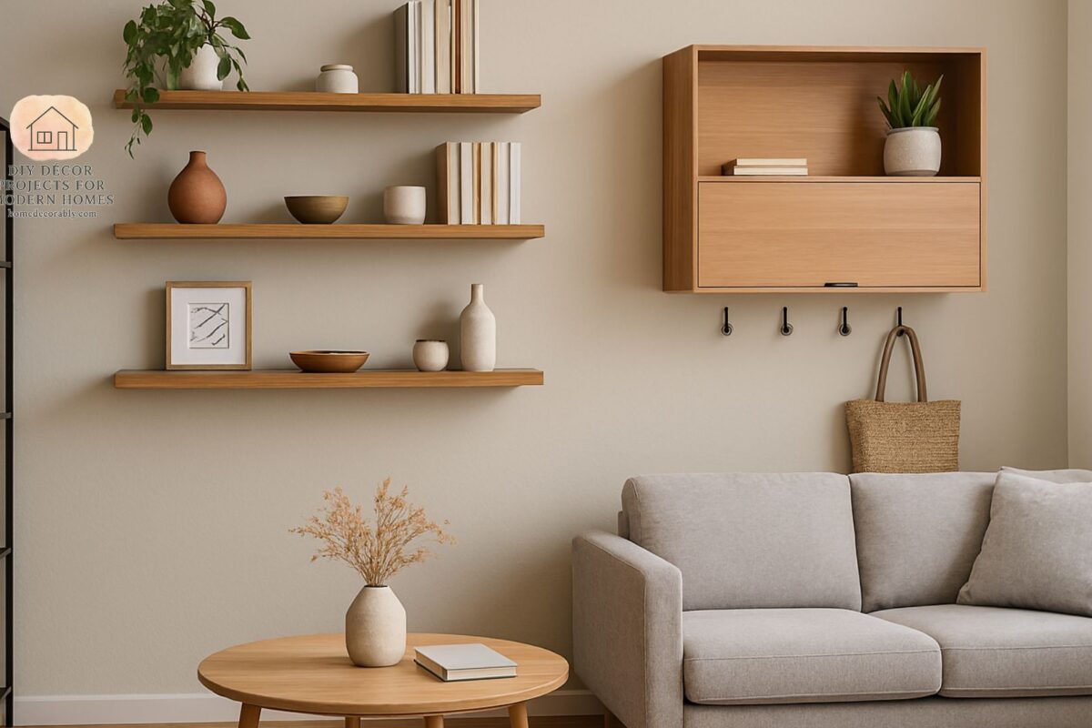 Stylish small living room featuring floating shelves and smart wall storage ideas for small living room