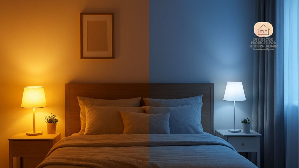 Bedroom interior showing warm vs cool lighting contrast, highlighting cozy ambiance and modern sleep sanctuary design.