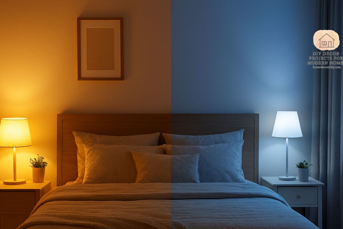 Bedroom interior showing warm vs cool lighting contrast, highlighting cozy ambiance and modern sleep sanctuary design.