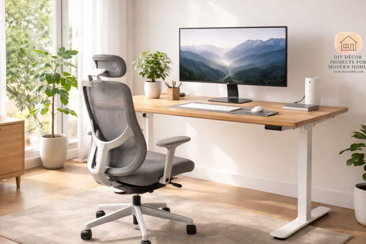 Modern ergonomic desk with adjustable height and supportive chair promoting healthy posture and productivity