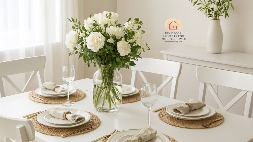 Chic white dining room table styling with elegant centerpiece and cozy textures