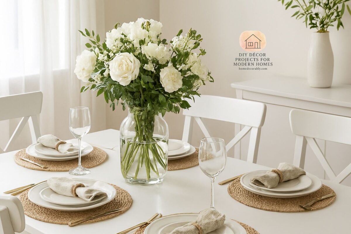 Chic white dining room table styling with elegant centerpiece and cozy textures
